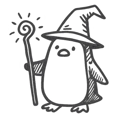 A penguin wizard with a magical staff and a pointy hat sticker