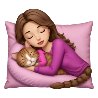 girl with long wavy brown hair, brown eyes, long lashes makeup, sexy pink lips, light to medium complexion,  sleeping on a cozy pillow, with brown tabby cat, sleeping sticker