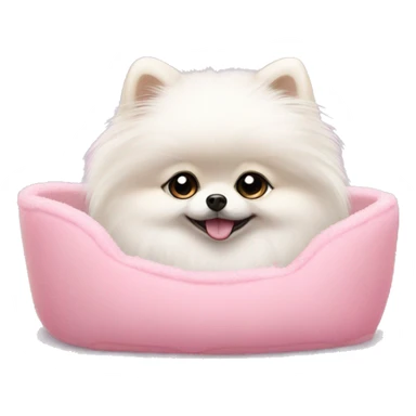 A small white pomeranian with a bow on her head, sitting in a pink furry bed sticker