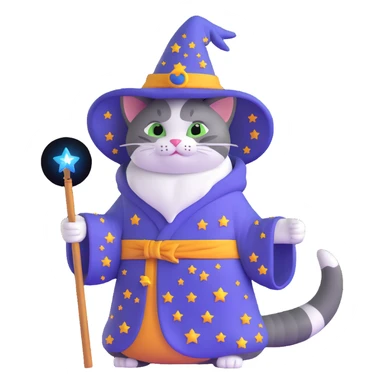 wizard cat with a starry robe and hat sticker