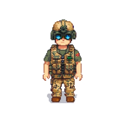 robloxian military man, blocky avatar, desert camo, tactical vest, holding binoculars, plain background sticker