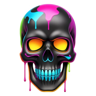 sleek black skull with vibrant neon graffiti tags and famous luxury brand logos spray painted, front view sticker