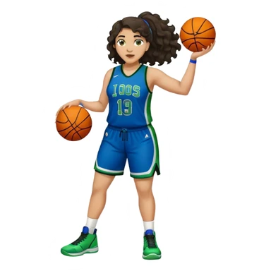 full body plus size light skin latino women basketball player with wavy dark hair large wide nose wearing blue with green uniform sticker