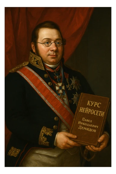 Павел Николаевич Демидов держит в руках книгу на которой написано Курс Нейросети рисованный стиль sticker