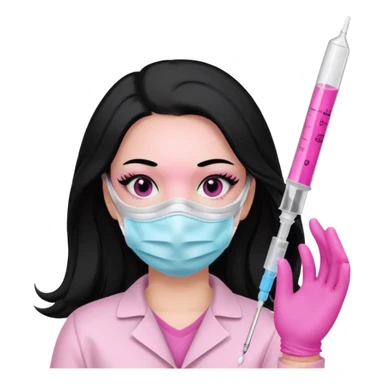 laboratorista con guantes rosa y mascarilla rosa  jeringa tubo laboratorio sin lentes  y  ojos negros cabello largo negro color ojos oscuro sticker