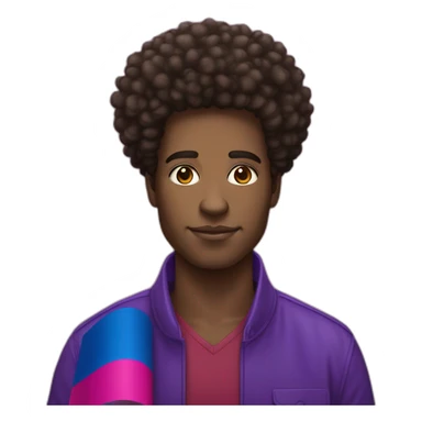 african-american man with curly "afro" hair holding the 3 shade bisexual flag sticker