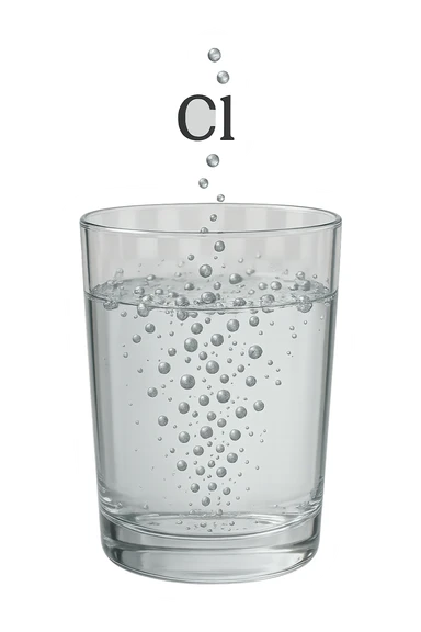 un bicchiere di acqua realistico e dettagliato fluttua in aria, dentro l'acqua del bicchiere ci sono particelle di cloro ben visibili con la scritta "Cl" sopra, ci sono particelle anche che escono dal bicchiere e fluttuano in aria verticalmente, mentre alcune sono all'interno dell'acqua nel bicchiere, iperrealistico 4k sticker