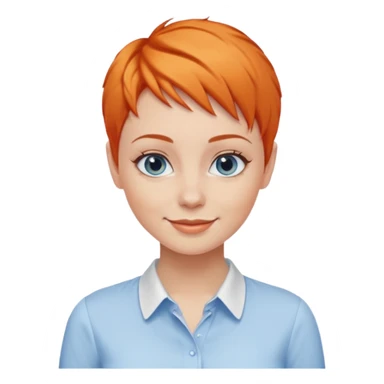 27 year old white woman, orange hair, pixie cut, blue eyes,  wearing a white blouse sticker