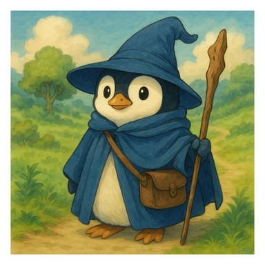 A penguin wizard holding a magic staff in ghibli style illustration sticker