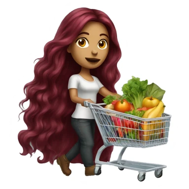 Beautiful tattooed burgundy long haired woman pushing shopping cart sticker