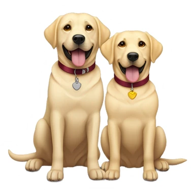 Two happy  Labradors, one black wearing a burgundy collar and one yellow Labradors wearing a beige collar sticker