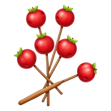 Candied hawthorn fruits on wooden stick Tanghulu, simplified emoji style with bold outlines and bright colors, cartoon style shiny red Chinese sweet sticker