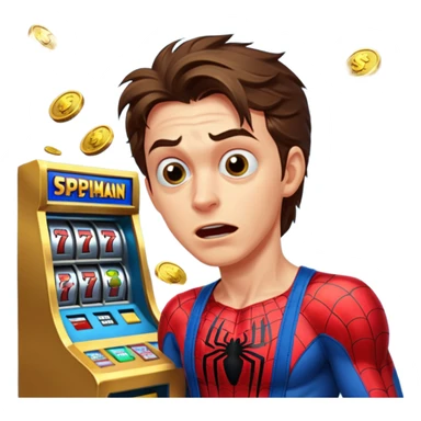 disheveled spiderman losing money at a slot machine, panicked face, coins flying sticker