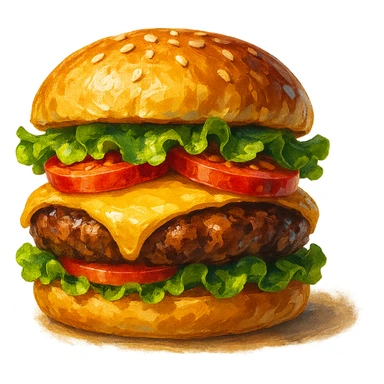 В слега рисованном, но при этом ярком и объемном стиле сгенерируй картинку сочного американского бургера, профессионально выставленный свет, который подчеркивает объем, прозрачный фон sticker
