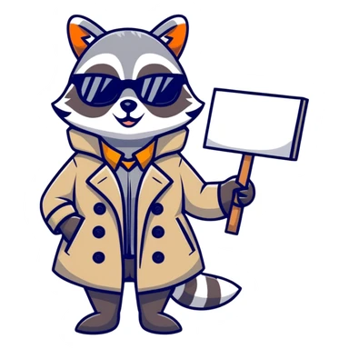 Female raccoon in a trench coat and sunglasses holding a big blank sign   sticker