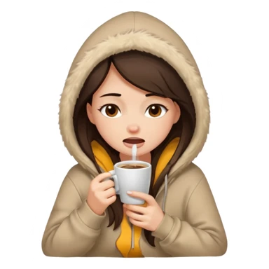 a brunette girl sitting cozily in a beige fur hoodie sipping coffee while crying sticker