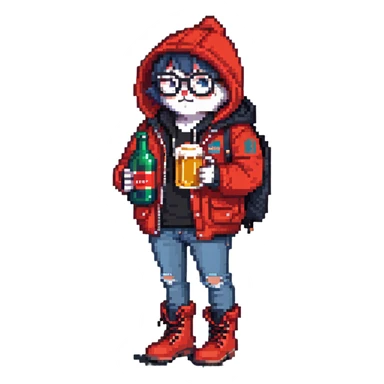 Catfish wearing red hooded winter jacket, round glasses, blue jeans, red boots, holding beer can with red label sticker