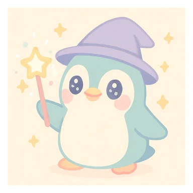 adorable penguin wizard casting a spell with sparkles, whimsical and cute sticker