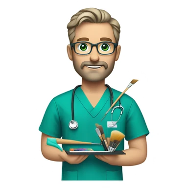 male dark blond with grey beard doctor with blue-green eyes and wire-rimmed glasses in teal scrubs holding a paintbrush and a paint palette sticker