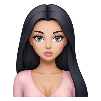 Glamours, tanned, very beautiful girl, with big pump peach-beige-rose lips, long long lashes, black straight smooth silky long hair, straight parting hair, blue-grey eyes in light pink long-sleeves v-neck bodysuit sticker