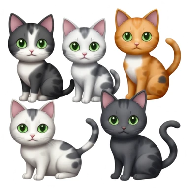 3 different coloured small cats including a dark grey and white, and a patchy calico and a completely solid dark grey with green eyes and only white paws sticker
