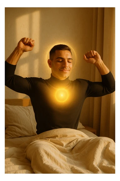 A cinematic photo of a man stretching in bed just after waking up, the morning sunlight flooding the room. His skin glows slightly, expression rested and serene. Muscles subtly defined, energy flowing through his posture. The air is filled with a golden calm. A symbolic glow surrounds his head and chest, representing mental clarity and physical recovery. The scene is clean, natural, minimalist. Rich in textures and realistic warmth. sticker