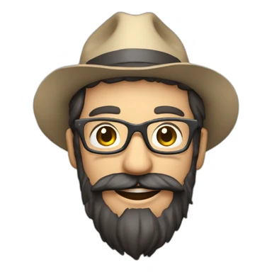happy smile gardener face long dark beard and very short dark hair with little transparent glasses and a hat sticker