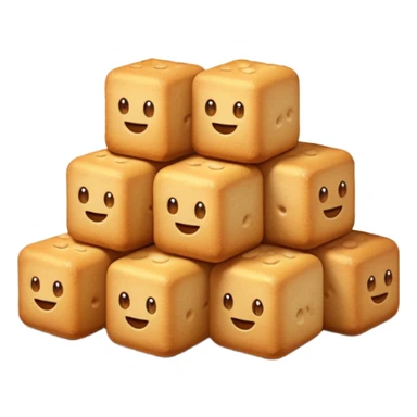 5 small croutons, golden-brown, stacked or scattered, crispy, textured, warm gradient, 3D, clean, softly lit, gentle shadows, transparent background, emoji scale sticker