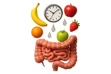 frutta mista cade dall'alto verticalmente insieme a 3 gocce di acqua 3d e un orologio da parete, davanti a questi elementi c'è un intestino umano anatomico iperrealistico sticker