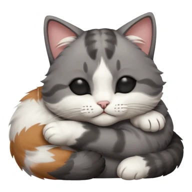 dark grey and white small cat with his eyes closed, leaning his head on his paw while leaning on his elbow lying down sticker