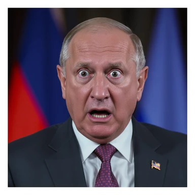 highly realistic, photorealistic portrait of Vladimir Zelensky with an expression of fear and shock, entire head and shoulders fully visible, centered in frame sticker