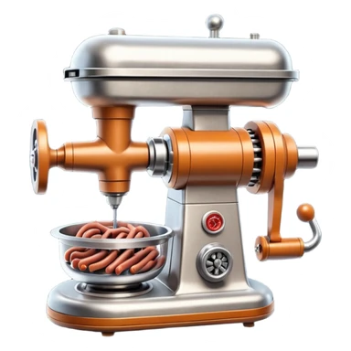 sausage-processing droid. retro-futuristic style. top is a circular industrial meat grinder with rotating gears and blades. Two robotic arms feed material into grinder. Sausage links extrude from the rear like  factory. The body is metallic, compact, and floats above the ground.no legs. Dark humor sticker