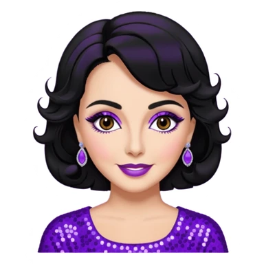 Elizabeth Taylor with black hair, purple sequin outfit sticker