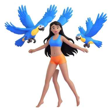 woman with long straight black hair, light brown skin, with blue macaws flying around her, and the three arches of Atalaia Beach (Aracaju-SE) in the background sticker
