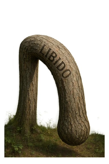 Realistic, vertical 4K illustration: a hyperrealistic tree trunk in a forest setting, noticeably bent, drooping, or wilted instead of standing upright. The bark is textured and detailed WITH THE WORD "LIBIDO" PRINTED ON IT, with subtle cracks and faded colors suggesting loss of vitality. Soft, natural light filters through the surrounding trees, casting gentle shadows. The scene is quiet and contemplative, with the trunk’s unusual, slumped posture symbolizing a decline in male libido. The background is lush and detailed, but the focus remains on the central, softened trunk, evoking a sense of vulnerability and introspection. sticker