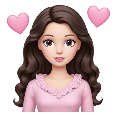 A white Barbie girl with long dark brown wavy hair in pale pink clothes has pale pink hearts instead of eyes sticker