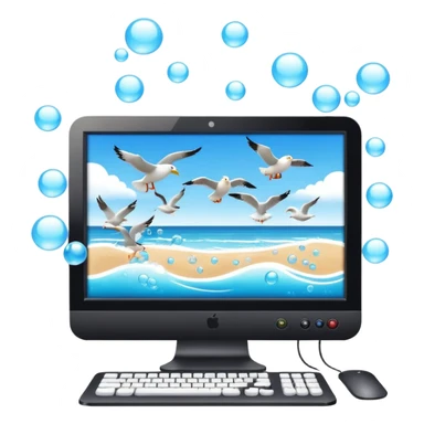 desktop computer on beach with bubbles and seagulls in the sky sticker