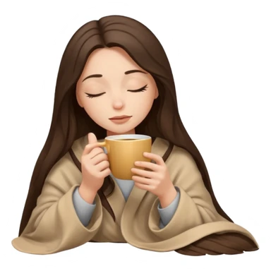 Brunette girl long hair inside a beige blanket sipping coffee eyes closed sticker