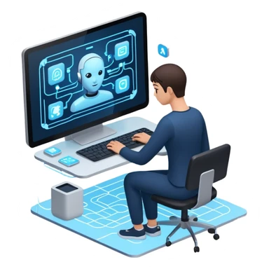 create an isometric analogous to showcase AI embedded experience in workflows, include the word AI sticker