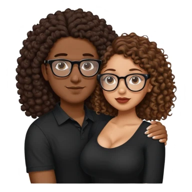 A mixed girl with rectangle glasses, the girl is wearing a black shirt, the girl has brown curly hair  and the girl has big boobs. A Mexican man is embracing her, with black bald hair  sticker