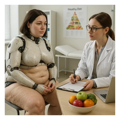 hyper realistic 4K gynoid woman consulting a nutritionist, fat on legs and thighs, clinical scene details sticker