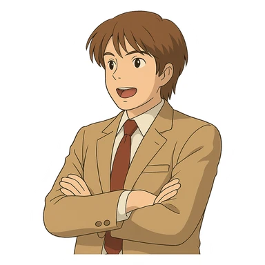 Make this exact Light Yagami in Ghibli style, standing with his arms crossed and talking, mouth open as if explaining, wearing the same suit, maintaining the same confident expression, with a transparent background. sticker