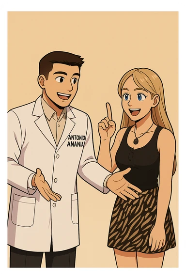 fai un webtoon/manga a colori con questo kinesiologo in camice bianco (fagli la scritta "ANTONIO ANANIA" SUL CAMICE) CHE PARLA CON QUESTA RAGAZZA CON GLI OCCHI AZZURRI. la ragazza lo guarda entusiasta con un indice alzato, IL KINESIOLOGO ha un espressione felice e la aspetta a braccia aperte. NON FARE I FUMETTI, FAI SOLO LORO COME SE DIALOGASSERO sticker