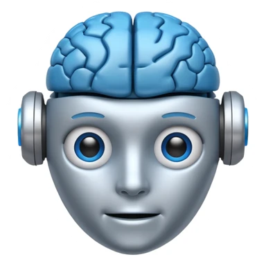A simple emoji of a friendly robot head with a visible human brain on top, symbolizing learning AI, emoji style sticker
