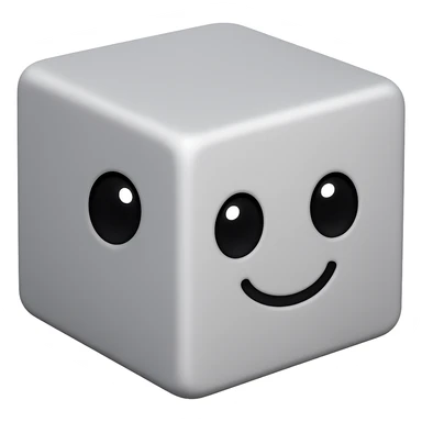 Create a 3D cube with a solid fill and a cute smiling face on one side, in the style of Apple emojis. The image should have no background (transparent). sticker