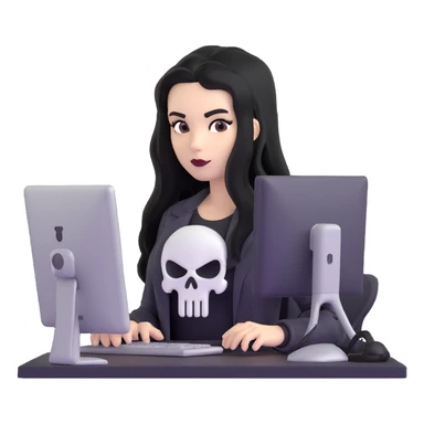 female Punisher skull character with long black hair working on computer sticker