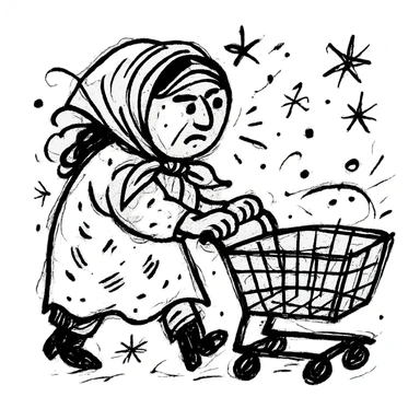 hand-drawn Uzbek woman with a shopping cart, chaotic energy sticker