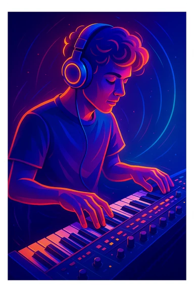 musician with headphones and keyboard, modern digital art sticker