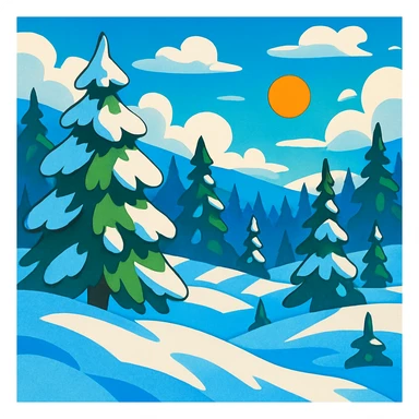 Siberia landscape, snowy forest, vibrant cartoon style sticker