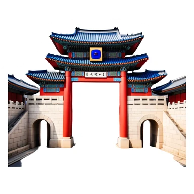 ​Cinematic Realistic Gwanghwamun Gate, depicted as a majestic historic gateway with traditional Korean architectural details, vibrant red and blue accents, and intricate carvings, set against a backdrop of modern Seoul under dynamic, natural lighting that highlights its timeless grandeur, sticker